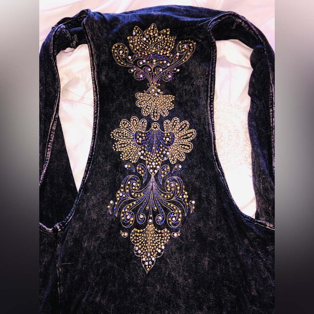 Acid Black Long line  Vest  With a jewel embellishment- Sleek Layering Piece